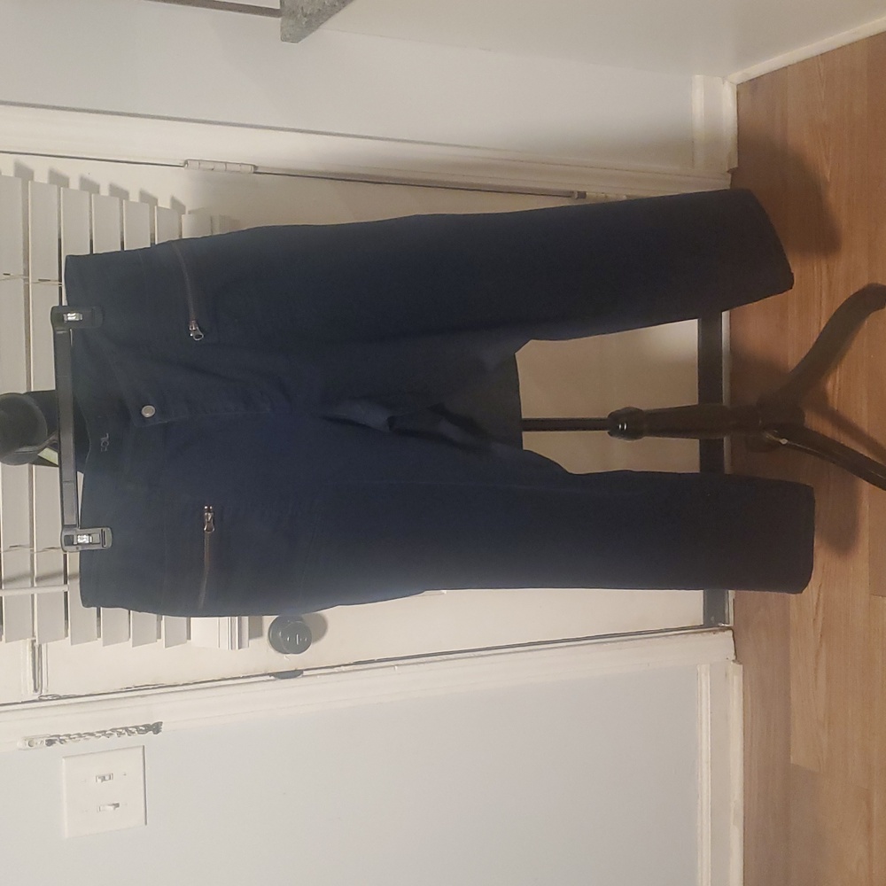 Foil Dark Blue Women's Pants with Zipper Details